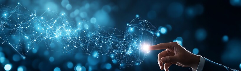Fototapete - Hand Reaching Out Towards a Futuristic Network of Illuminated Connections in Digital Space : Generative AI