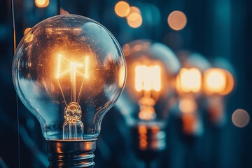 Poster - Glowing vintage light bulbs lined up, casting warm light against a dark backdrop : Generative AI