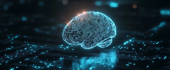 Leinwandbilder - Close-up view of an intricate glowing brain with digital patterns in luminous blue shades on a dark surface : Generative AI
