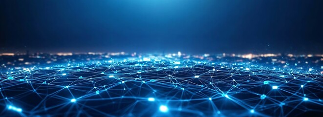 Aufkleber - Impressive digital landscape created with glowing networks of blue signals depicting urban connectivity and data exchange : Generative AI