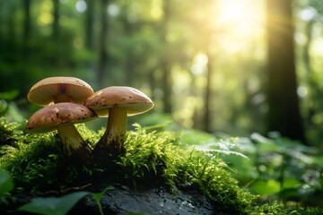 Poster - Group of vibrant mushrooms thriving on a mossy log in a peaceful forest illuminated by gentle sunlight : Generative AI