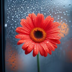 Aufkleber - Elegant red gerbera daisy standing out against a rainy glass backdrop full of droplets : Generative AI