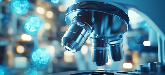 Fototapete - Detailed close up of microscope lenses in a lab environment highlighting blue lighting for scientific observations : Generative AI