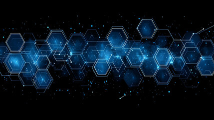 Abstract blue hexagon pattern on black background.
