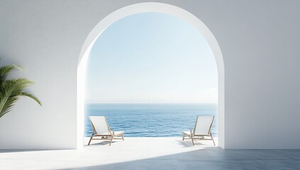 Poster - Stunning coastal view from a modern architectural space with two lounge chairs overlooking the serene ocean : Generative AI