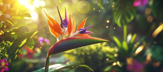 Aufkleber - Enchanting bird of paradise flower captivating the eye surrounded by soft light and shimmering organic forms : Generative AI