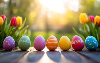 Poster - Colorful Easter eggs arranged in a row with vibrant tulips in a sunlit garden setting : Generative AI