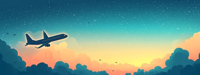 Poster - An aircraft elegantly flying through the colorful clouds at dawn with a serene sky backdrop : Generative AI