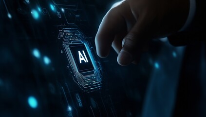 Poster - Close Up of a Hand Interacting with an Artificial Intelligence Button on a Circuit Board : Generative AI