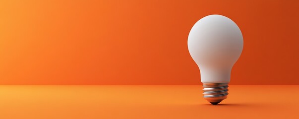 Fototapete - Bright white light bulb sits alone on vibrant orange background casting soft shadows : Generative AI