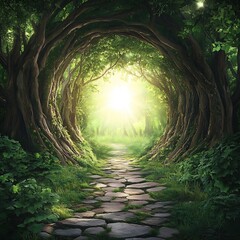 Poster - Lush woodland pathway surrounded by mystical trees and bright sun rays shining through : Generative AI