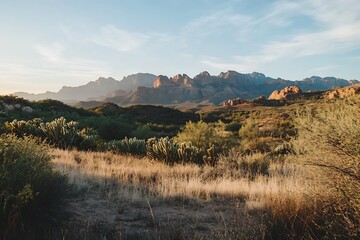 Poster - Peaceful Desert Landscape Featuring Cacti and Mountains at Dusk with Soft Clouds : Generative AI