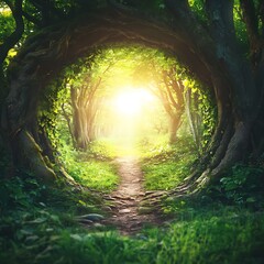 Poster - Captivating woodland scene featuring a sunlight-drenched path through ancient trees : Generative AI