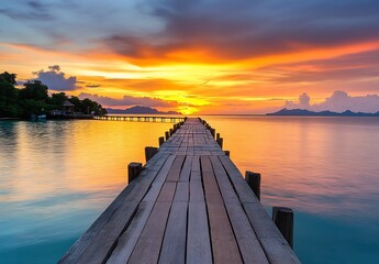 Poster - Breathtaking view of a wooden pier stretching into the colorful sunset over the tranquil sea : Generative AI