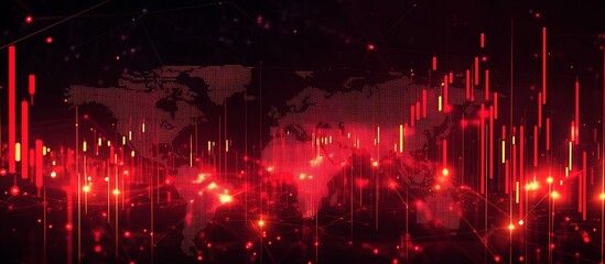 Aufkleber - High-Tech Red Visualization with Data Points and Network Lines Over Global Map : Generative AI