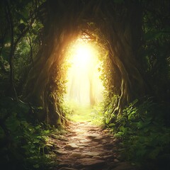 Poster - Majestic entrance to a forest path illuminated by warm sunlight and mist : Generative AI