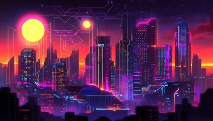 Fototapete - Stunning neon city skyline with vibrant sunset in a futuristic urban landscape : Generative AI