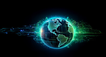 Wall Mural - a glowing digital globe emerges from the darkness, surrounded by vibrant green and blue circuit-like
