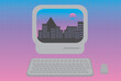 © すぴかえる - Vaporwave illustration with a city nightscape reflected on a computer screen.