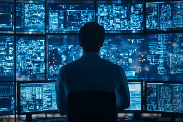 man monitoring multiple data screens in control room with blue digital interface display