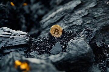 Aufkleber - Single golden bitcoin rising from a bed of dark coal showcasing the contrast between old and new wealth : Generative AI