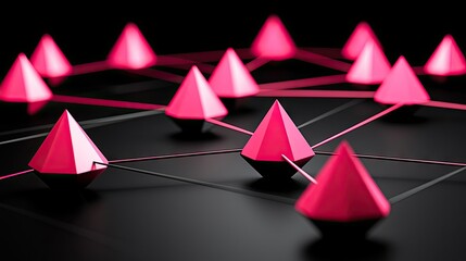 Wall Mural - pink cones connected in a web on black background, abstract digital network for concept of future