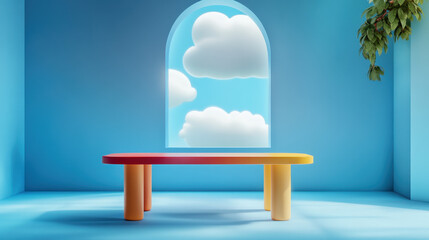Wall Mural - 3d render of a colorful table in a blue room with an arched window and a cloud on the wall