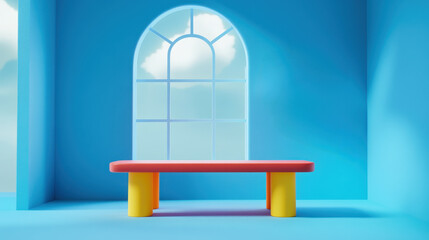 Wall Mural - 3d render of a colorful table in a blue room with an arched window and a cloud on the wall