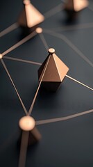 Wall Mural - Geometric bronze shapes connected by lines on dark background for business concept