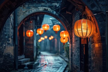 Aufkleber - Serene lantern-lit alleyway illuminating the charm of an ancient town during twilight