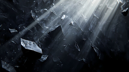 Wall Mural - Dark, abstract landscape with shattered, geometric forms and light rays. Shattered Obsidian. Illustration