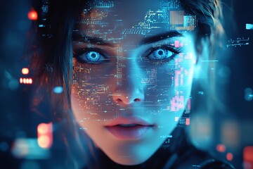 Aufkleber - Futuristic and Mesmerizing Cyborg Woman with Stunning Blue Eyes and Digital Effects : Generative AI
