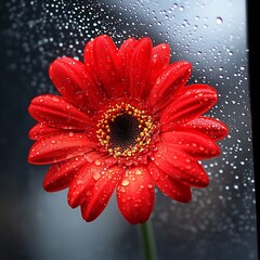 Aufkleber - Vibrant red gerbera daisy with droplets on glass creating a stunning visual effect : Generative AI