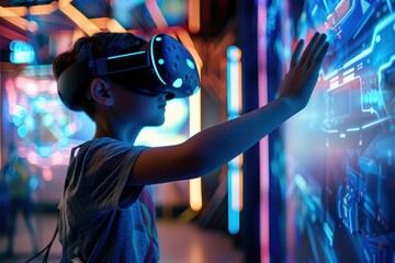 Leinwandbilder - Child experiences virtual reality in an immersive digital jungle environment with vibrant blue lighting in a modern exhibition space