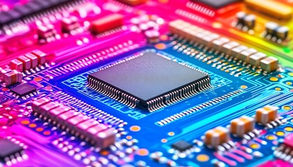 colorful computer chip close-up, technology, inside