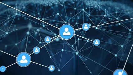 A network of blue lines and dots connecting to a person icon in a blue circle design element