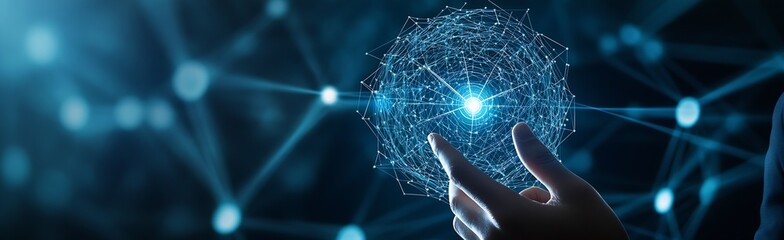 Poster - Close-up of a hand reaching out to a luminous digital sphere symbolizing advanced technology and networking : Generative AI
