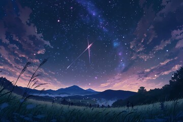 Poster - Majestic Evening Landscape with Stars and Shooting Comets Over a Serene Field : Generative AI