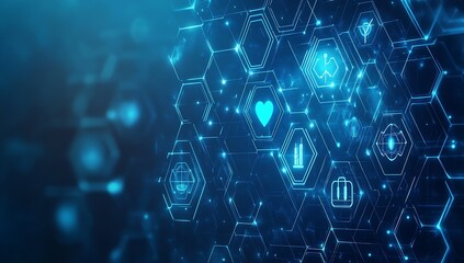 Fototapete - Advanced healthcare data visualization featuring heart icons and a series of interconnected technology symbols in bright blue tones : Generative AI