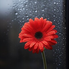Fototapete - Beautiful Red Flower with Glimmering Water Drops Against a Rainy Window Creating Depth : Generative AI