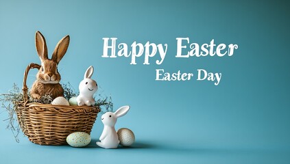 Poster - Charming Easter Decorative Display with Bunnies and Colorful Eggs Nestled in a Natural Woven Basket : Generative AI