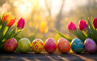 Poster - Vibrantly decorated Easter eggs lined up with stunning tulips in a blissful garden in sunlight : Generative AI