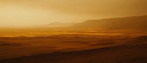 Aufkleber - Stunning Arid Landscape Bathed in Golden Light with Mountainous Background Features : Generative AI