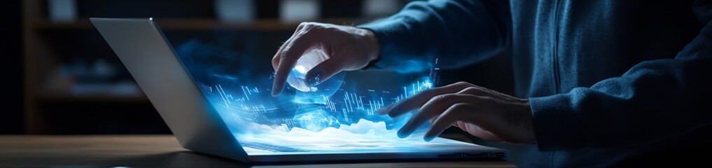 Leinwandbilder - Hands of a person interacting with a holographic interface over a laptop screen in a trendy office setting : Generative AI