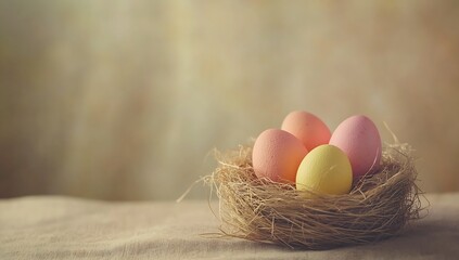 Poster - Colorful pastel eggs arranged beautifully in a nest on a soft textured background : Generative AI