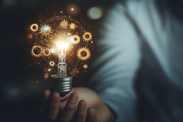 Fototapete - Innovative glowing light bulb design illuminating ideas with gears and creative thoughts : Generative AI