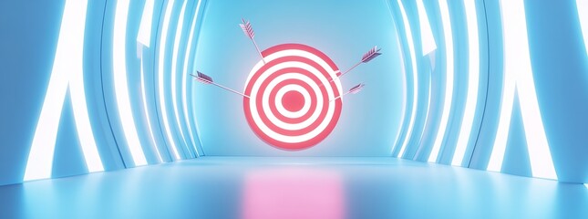 Fototapete - Vibrant scene of arrows striking a circular target within a futuristic glowing corridor : Generative AI