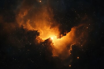 Poster - Beautiful close-up of vibrant orange light emerging from dark nebula clouds surrounded by countless stars : Generative AI