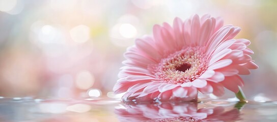 Fototapete - Tranquil Pink Flower on Water Surface with Stunning Light Reflections and Soft Color Palette in Background : Generative AI