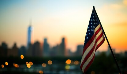 Poster - American Flag Waves Against a Soft Sunset Over the City Skyline Creating a Beautiful Urban Scene : Generative AI